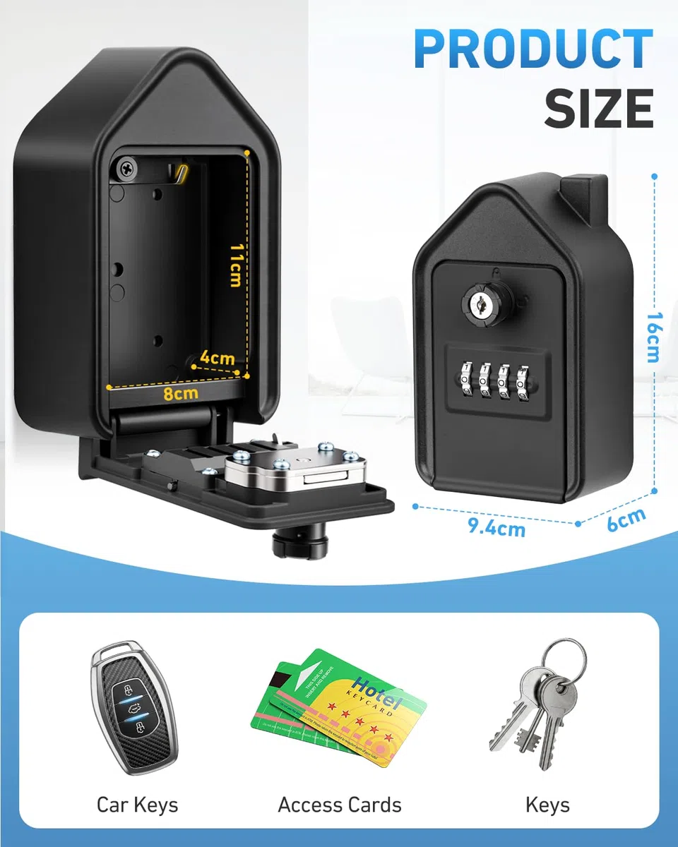 Boite a Clef, Grande Boite a Clefs Securisee Exterieur avec 4 Code & Clés d'urgence Boîte à Clés Murale en Alliage D'aluminium pour L'école de Garage à Domicile Airbnb (Noir)