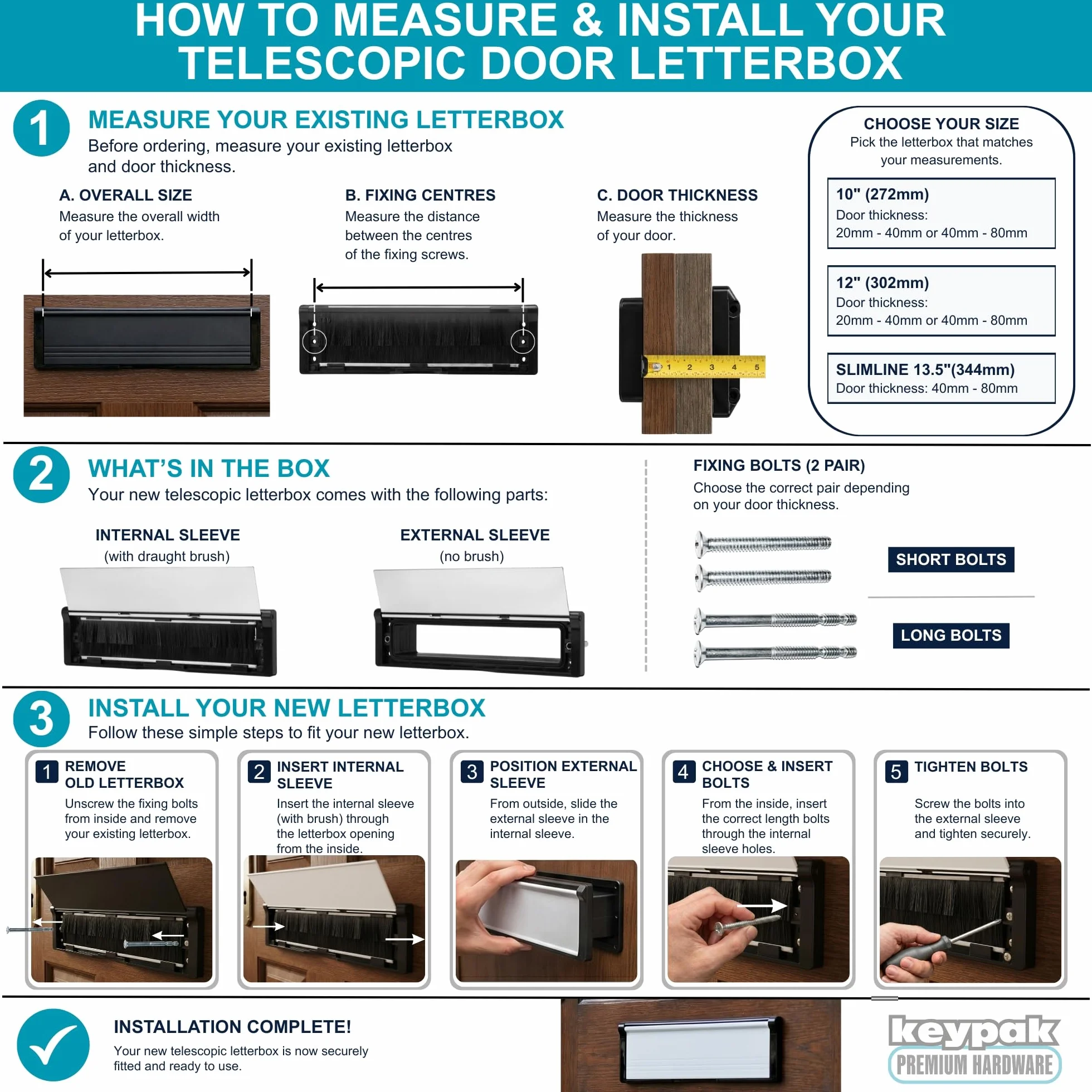 Keypak Boîte aux lettres réglable pour portes en bois composite UPVC (argent/aluminium anodisé satiné, 40 à 80 mm)