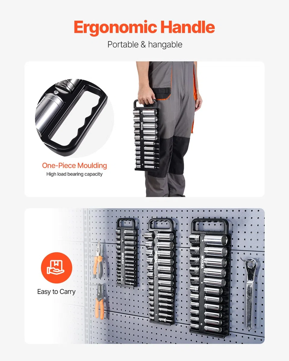 VEVOR Kit Organisateurs de Douilles Portables, Lot de 3, Plateaux de Douilles Métriques SAE 1/4'', 3/8'', 1/2'', Capacité de 76 Douilles, avec Poignée et Base Magnétique, pour Tiroir de Boîte à Outils