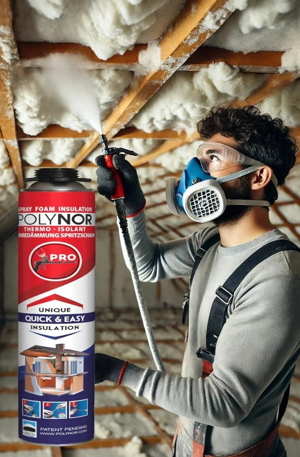 POLYNOR Isolation thermique PUR en bombe PRO - Kit - 24 mousses - Pistolet à mousse - Isolation thermique par pulvérisation - Isolation des murs, toits, plafonds, tuyaux - Aérosol 750 ml