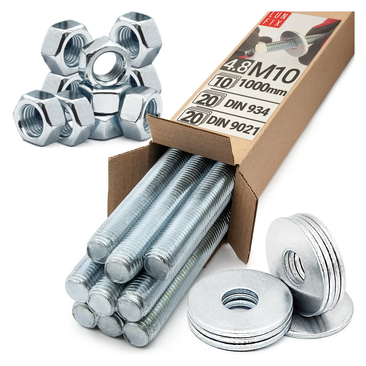 Tige filetée Set M10 x 1000 mm 10 pièces acier galvanisé 4.8 DIN 976 avec écrous DIN 934 et rondelles DIN 9021 - goujon fileté M10 boulon vis longue métrique complet tige fixation métal