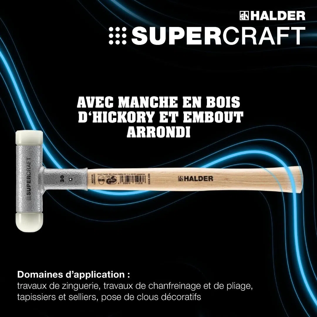 Maillet SUPERCRAFT, Avec manche en hickory verni, amortissant les vibrations et ergonomique et embout arrondi | D=30 mm | 3366.230