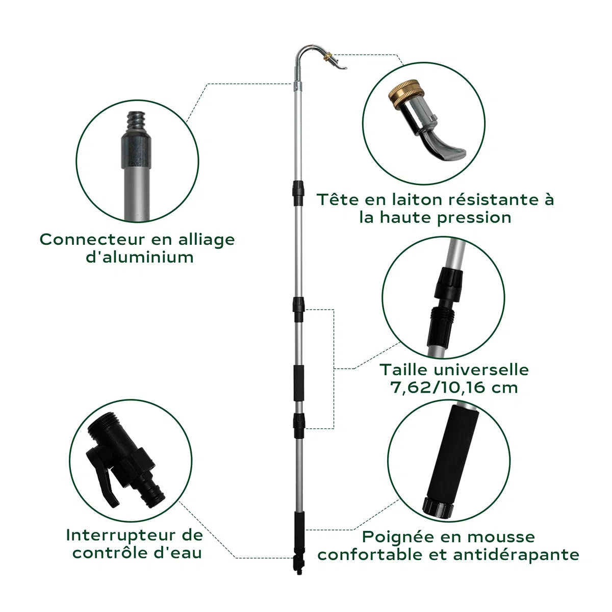 Diivoo Nettoyeur de Gouttières, Accessoire Pour Nettoyeur Haute Pression, Perche Nettoyage Toiture Avec Tige Courbée en Aluminium et Tête Pivotante en Iaiton, Pour Nettoyer les Gouttières de Toit