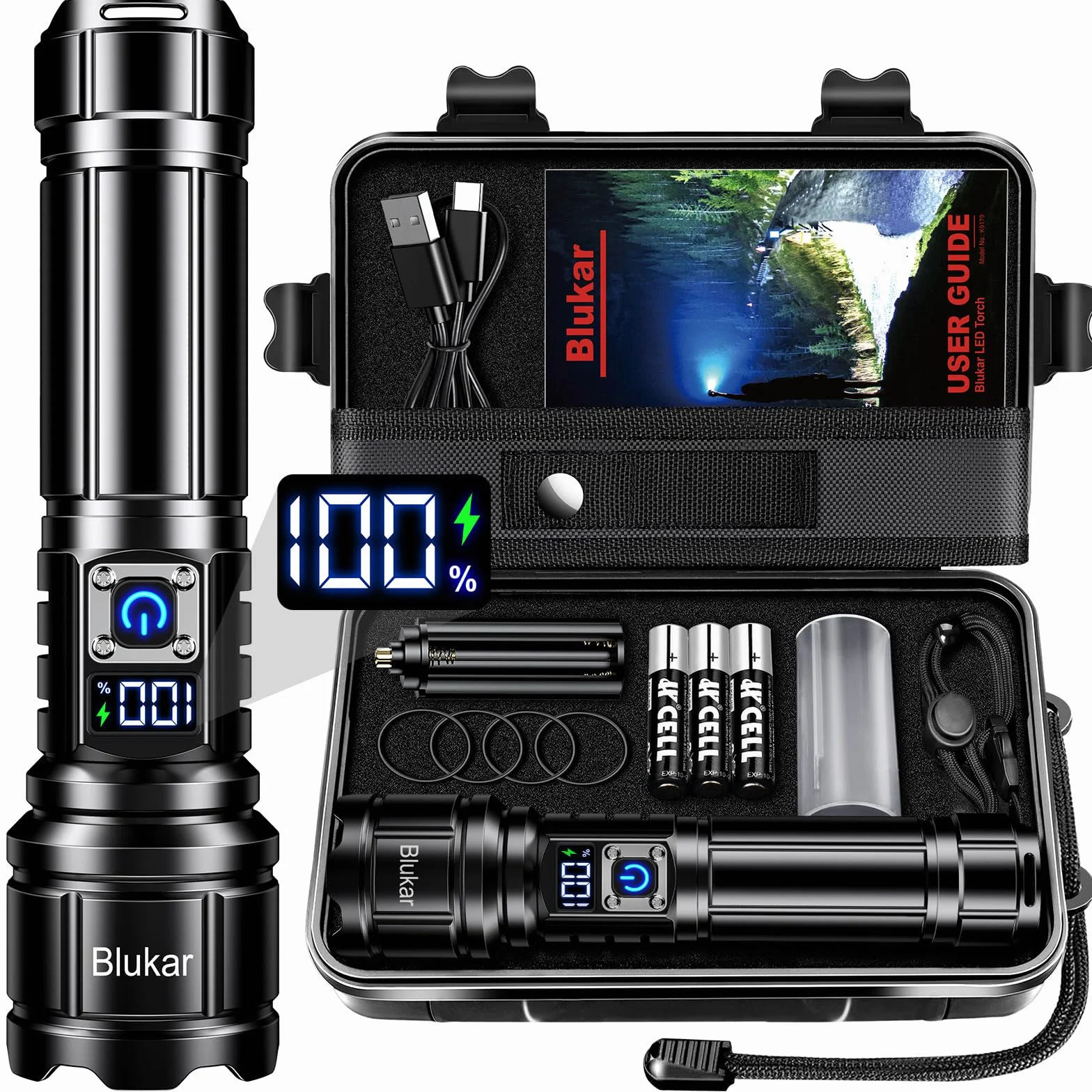 Blukar Lampe Torche LED Ultra Puissante Super Lumineux, Lampe de Poche Rechargeable 5000mAh, Zoomable 5 Modes, IP67 Étanche, Longue Durée LED Torche pour Camping Randonnée Pêche Urgence