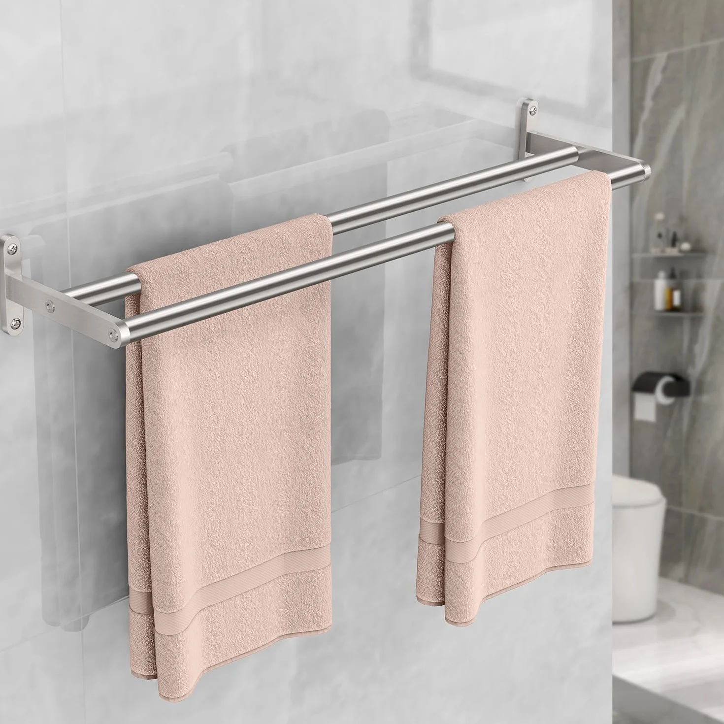 YUMORE Double Barre Porte-Serviettes de Bain 60CM Porte Serviette à Deux Bras en Acier Inoxydable Support Serviette à Fixation Murale Range Serviettes pour Salle de Bain ou Cuisine, Argent