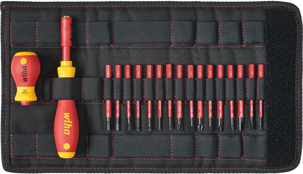 Wiha Jeu de tournevis et d'embouts slimVario isolés (41231) lot de 19 pcs avec trousse pliable | Fente ou plat cruciforme PH PlusMinus TORX six pans | (41231) Screwdriver handle I VDE stubby I VDE bits for electricians I slotted/Phillips/PlusMinus/TORX/he