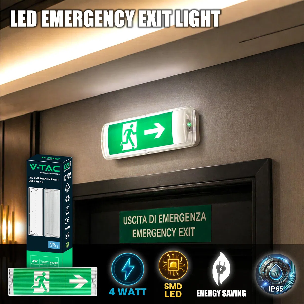 V-TAC Lampe de Secours LED 4 en 1 pour Plafond et Mur - Visible à 30 Mètres - Bouton d'Autotest - Éclairage de Sortie de Secours et Issue de Secours - Exit - 4 Signalisations Incluses - Lumière 6000K