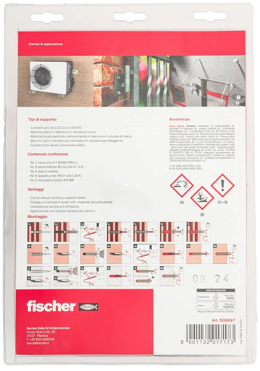 Fischer 508697 Kit de fixation de charges lourdes T-Bond, scellement chimique avec tiges filetés et tamis grillagés, résine