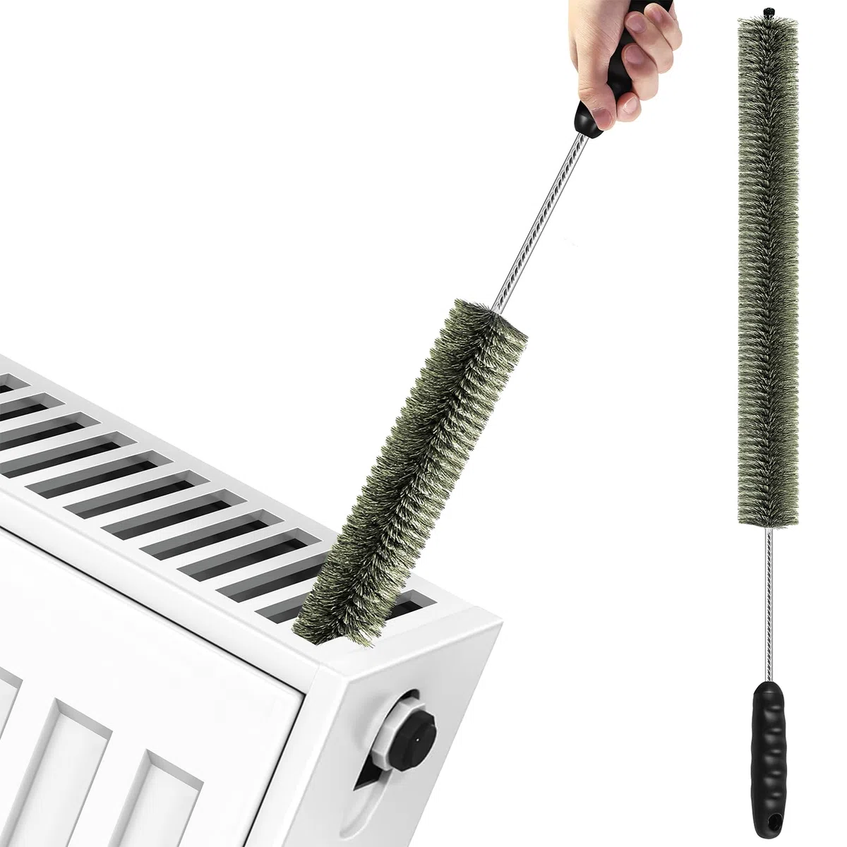 Brosse de nettoyage pour radiateur, poils de sanglier fins et longs de 81 cm avec poignée en silicone, flexible et pliable pour nettoyer le plumeau à l'intérieur des ailettes et à l'arrière
