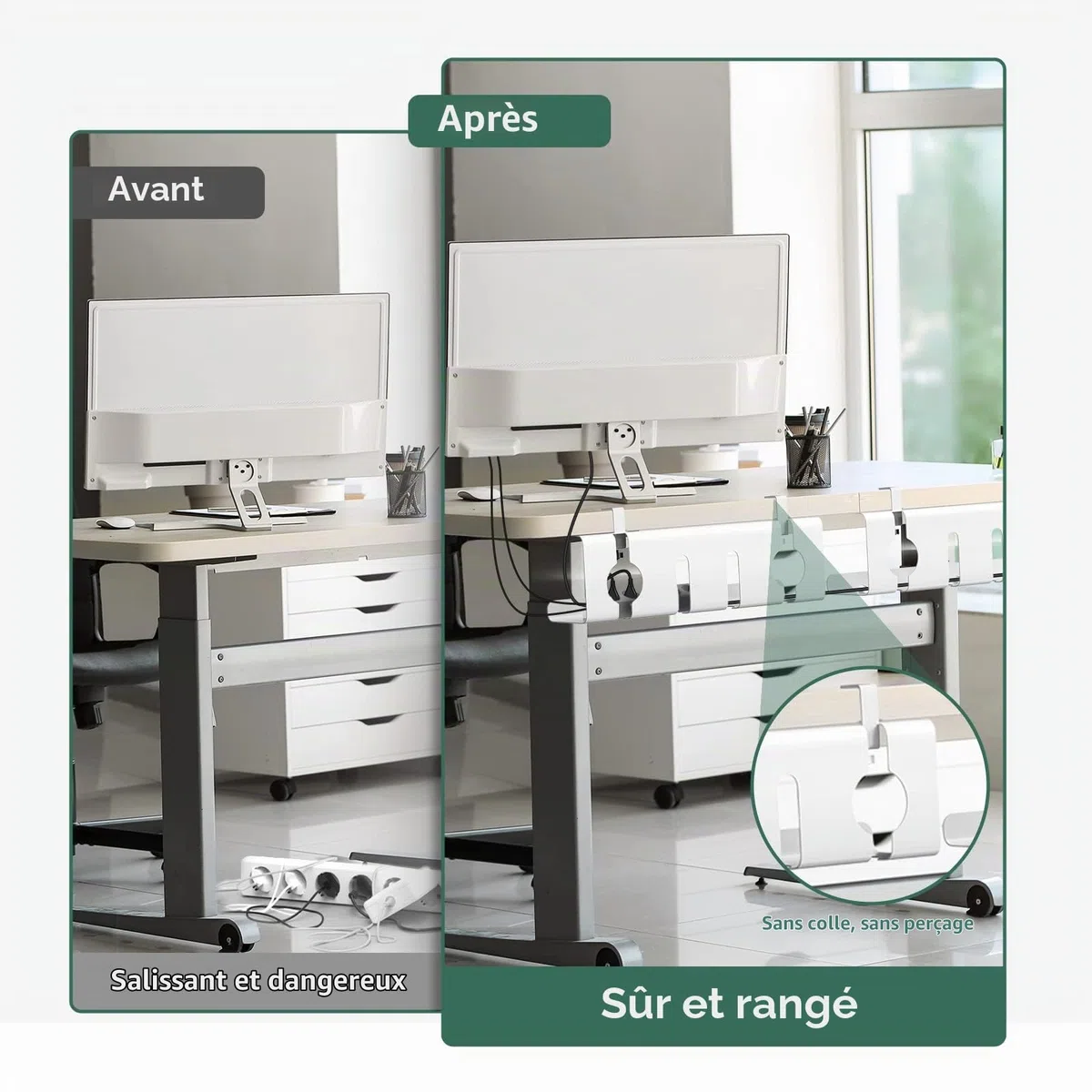 Goulotte de câbles de bureau - Lot de 2 - Gestion des câbles de bureau sans perçage - 43 cm Support de câbles Goulotte de câbles Table avec accessoires - Passe-câbles pour l'ordre sur le lieu