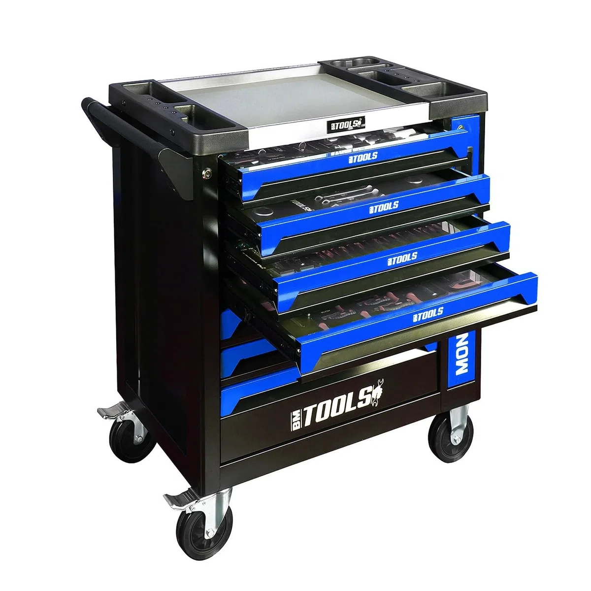 BM TOOLS Servante d'atelier 9/7 Monster-Edition-Blue 7 tiroirs Pleins, 1 Porte & 1 tiroir Vertical - 257 Outils - sur roulettes