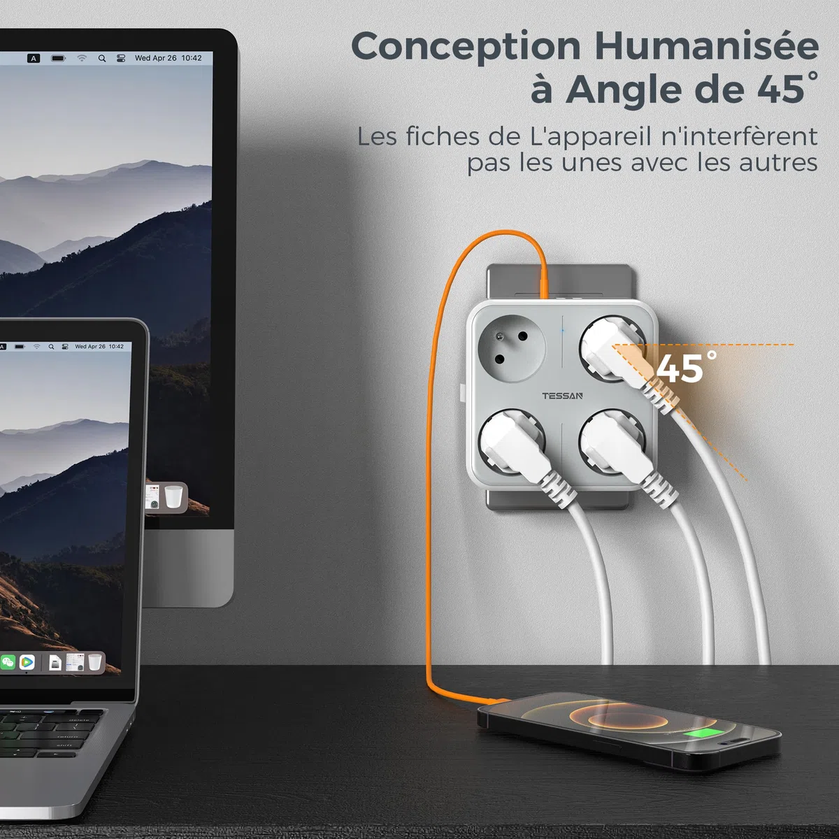 TESSAN Multiprise Murale Française avec 4 Sortie AC et 3 Ports USB, 7 en 1 Prise Électrique 4000W avec Interrupteur, Secteur USB C Gris Convient pour Domicile, Bureau, Compatible pour Phone, Pad