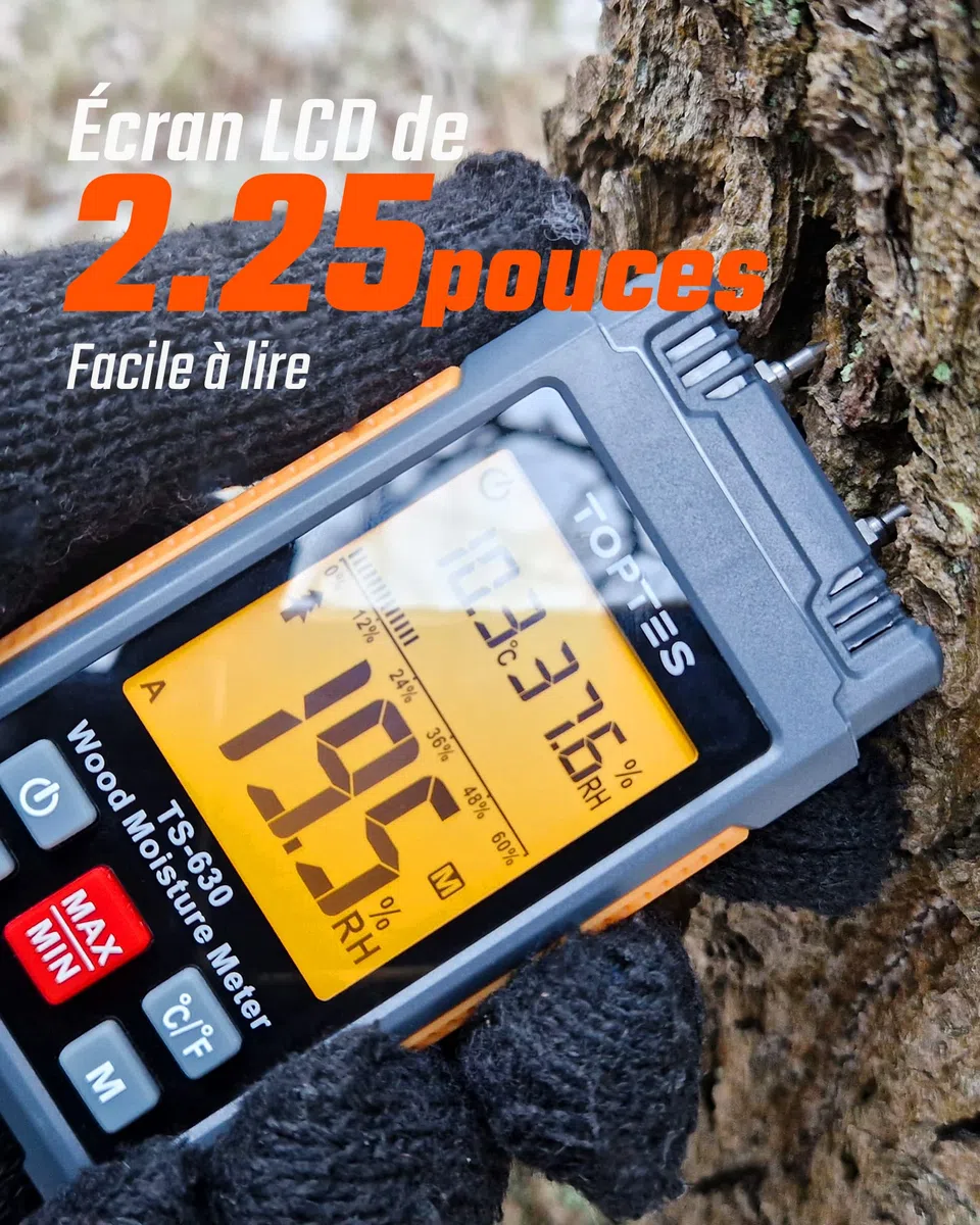 Testeur Humidité, TopTes TS630, Contrôle Rapide Teneur Bois Chauffage & Mur Construction, Grand Écran Rétroéclairé Tricolore, avec 7 Modes, Batterie Incluse