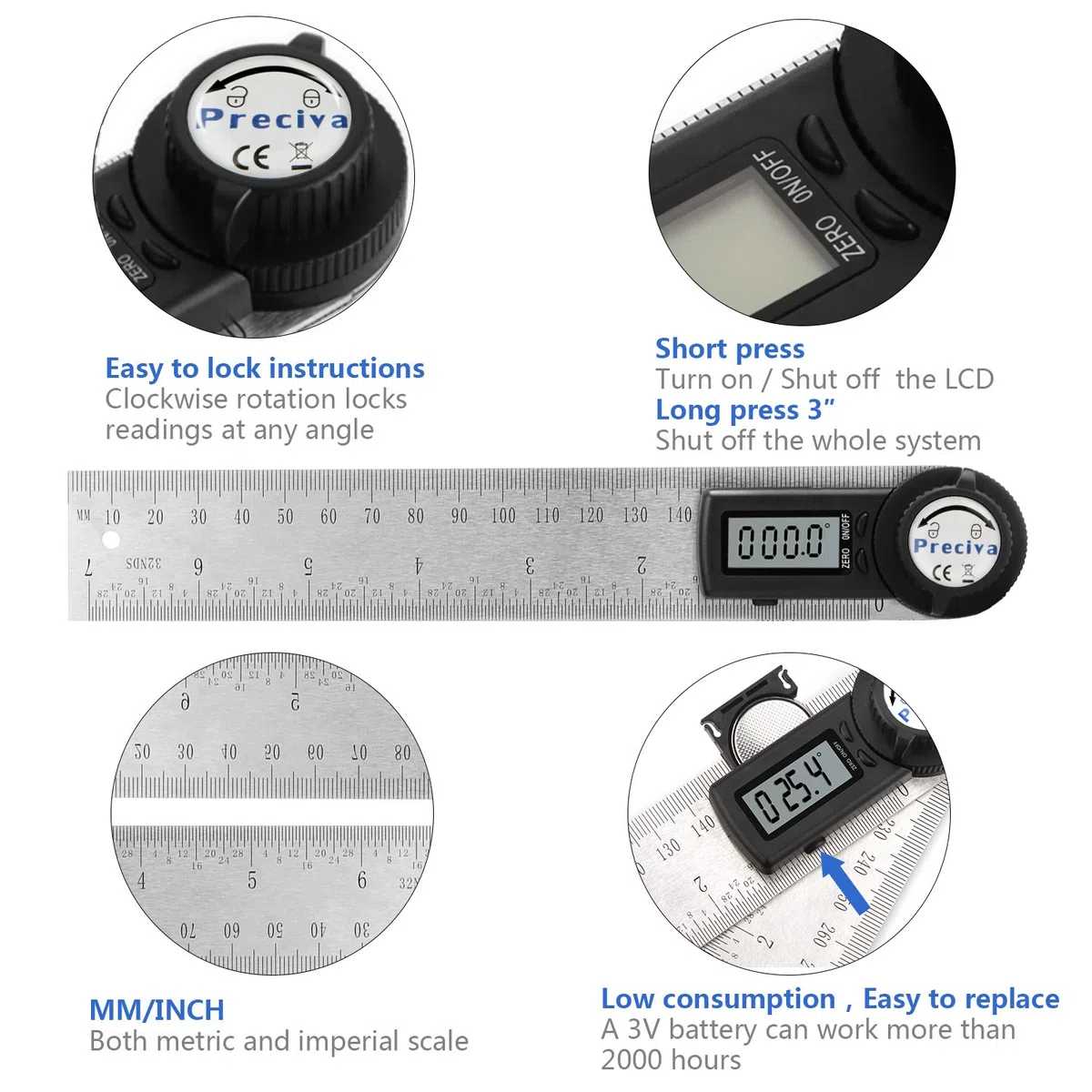 Règle D'angle Numérique, Preciva Rapporteur, Mesure de Longueur 400 mm et Angle en Acier Inoxydable avec Maintien, Zéro et Grand Ecran LCD, Système Mm/Inch, pour le Travail du Bois, Construction