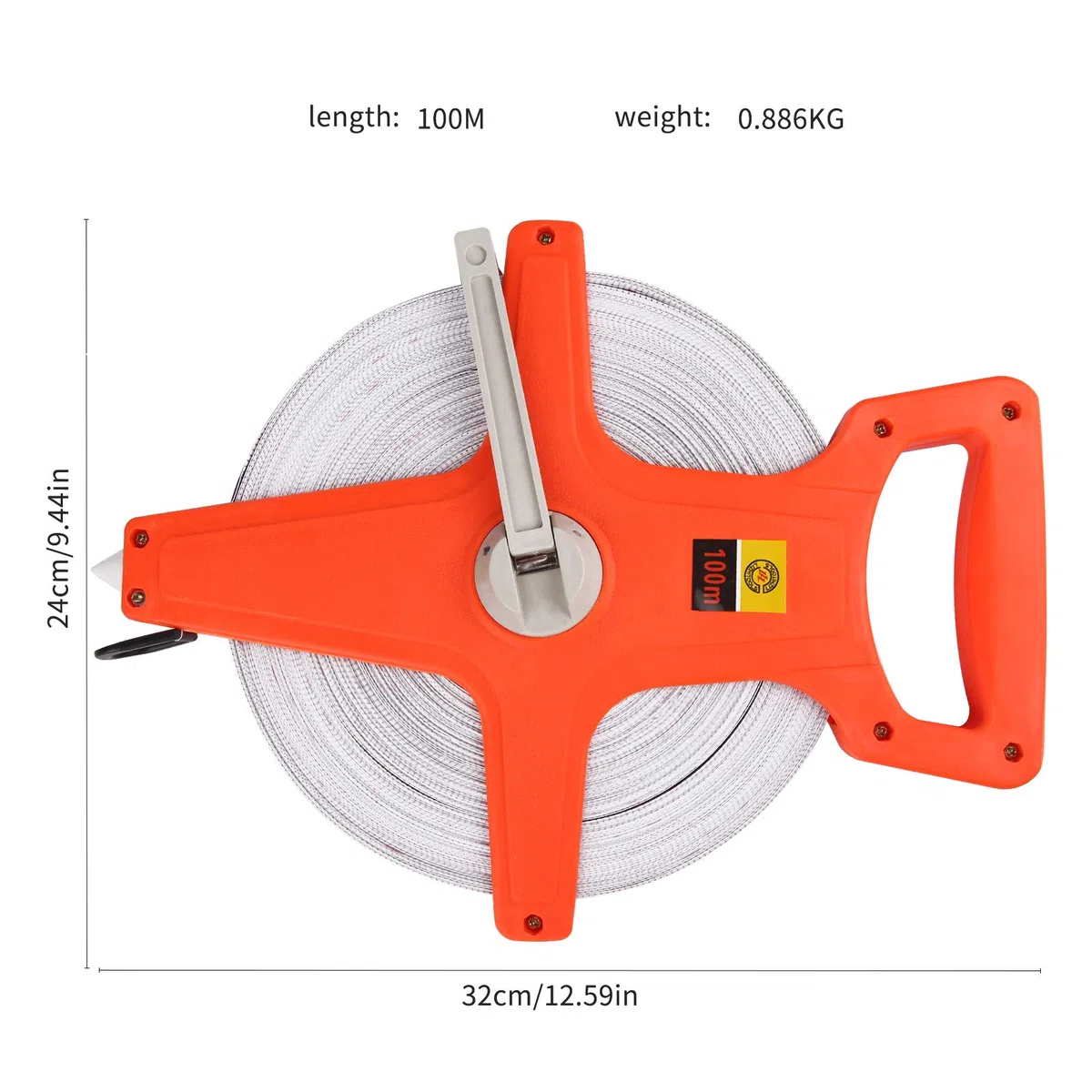 100m / 328FT Mètre d'arpenteur ouvert, Ruban en Fibre de verre, Mètre ruban double face, Fibreglass Open Reel Tape, Orange