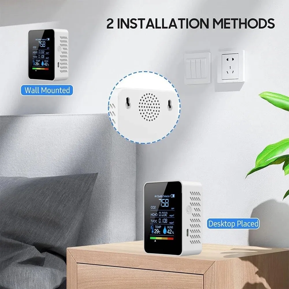 Moniteur de qualité de l'air 5 en 1 Détecteur CO2 d'intérieur Professionnels HCHO TVOC Testeur avec capteur de température et d'humidité Rechargeable Écran LED Analyseur de qualité de l'air