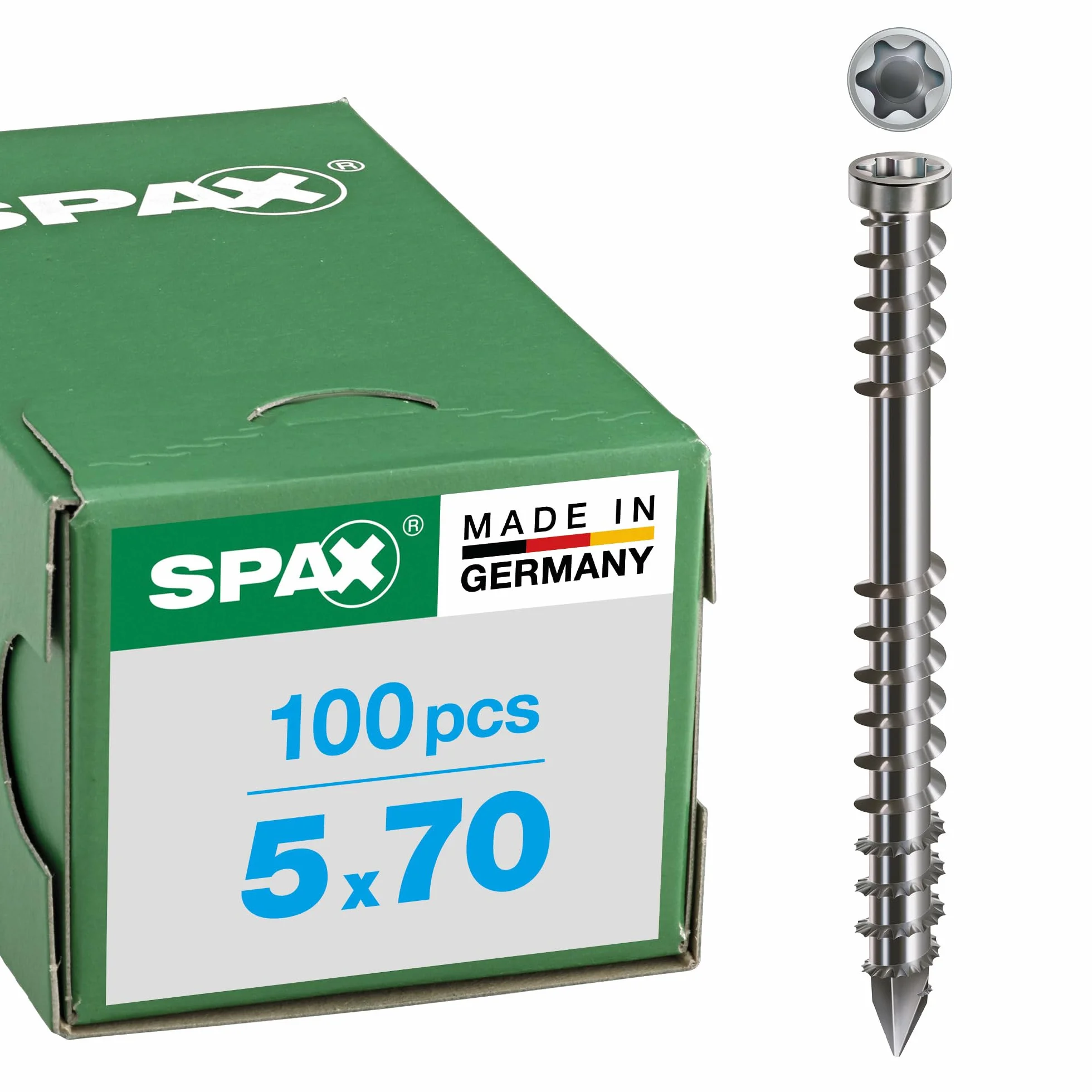 SPAX Vis terrasse, 5 x 70 mm, 100 pièces, Filetage de fixation, Tête cylindrique, T-STAR plus T25, Pointe CUT, Acier inoxydable A2-0537000500703