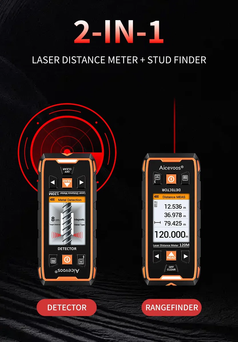 Détecteur Mural, Scanner Mural 2 en 1, Détecteur De boulons et mesure laser de 393 ft avec pour Localiser les Métaux, Chevilles en bois, Câbles électriques CA