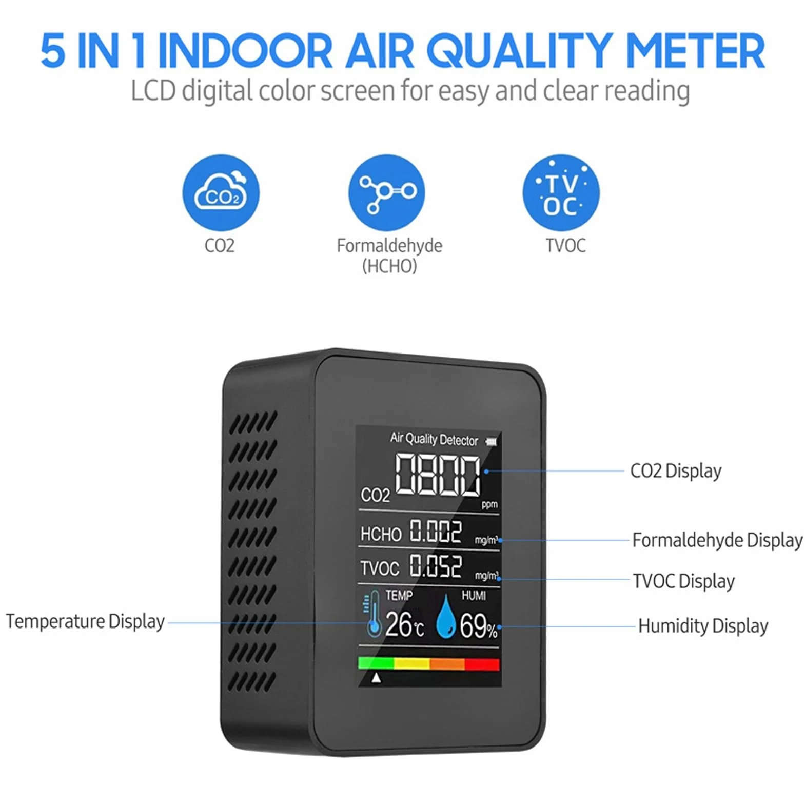 Moniteur de Qualité de l'Air Intérieur - Détecteur de CO2/TVOC/HCHO en Temps Réel avec Affichage LCD Précis - Testeur d'Humidité et Température - Portable pour Maison, Bureau, Serre (Écran Réglable)