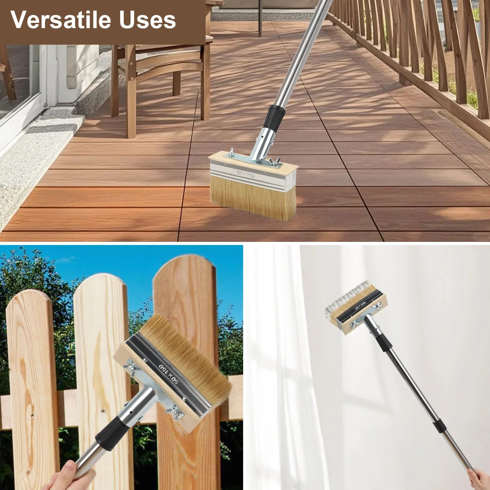 Pinceau Plat avec Long Manche 50x150cm, 3 pollici Pinceau de Peinture pour Terrasse avec Poils épais, Grande Brosse à Tache pour Terrasse en Bois Extérieur, Appliquer de l'huile et Teinture