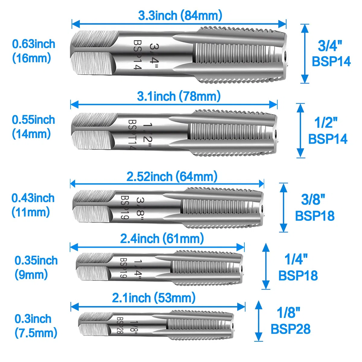 DKIBBITH Lot de 5 tarauds de Tuyau BSP de 0,3 cm, 0,6 cm, 0,9 cm, 0,9 cm, 1,2 cm, 1,9 cm, 1,9 cm BSP en Acier au Carbone, Ensemble de tarauds de plomberie pour Filetage précis, as