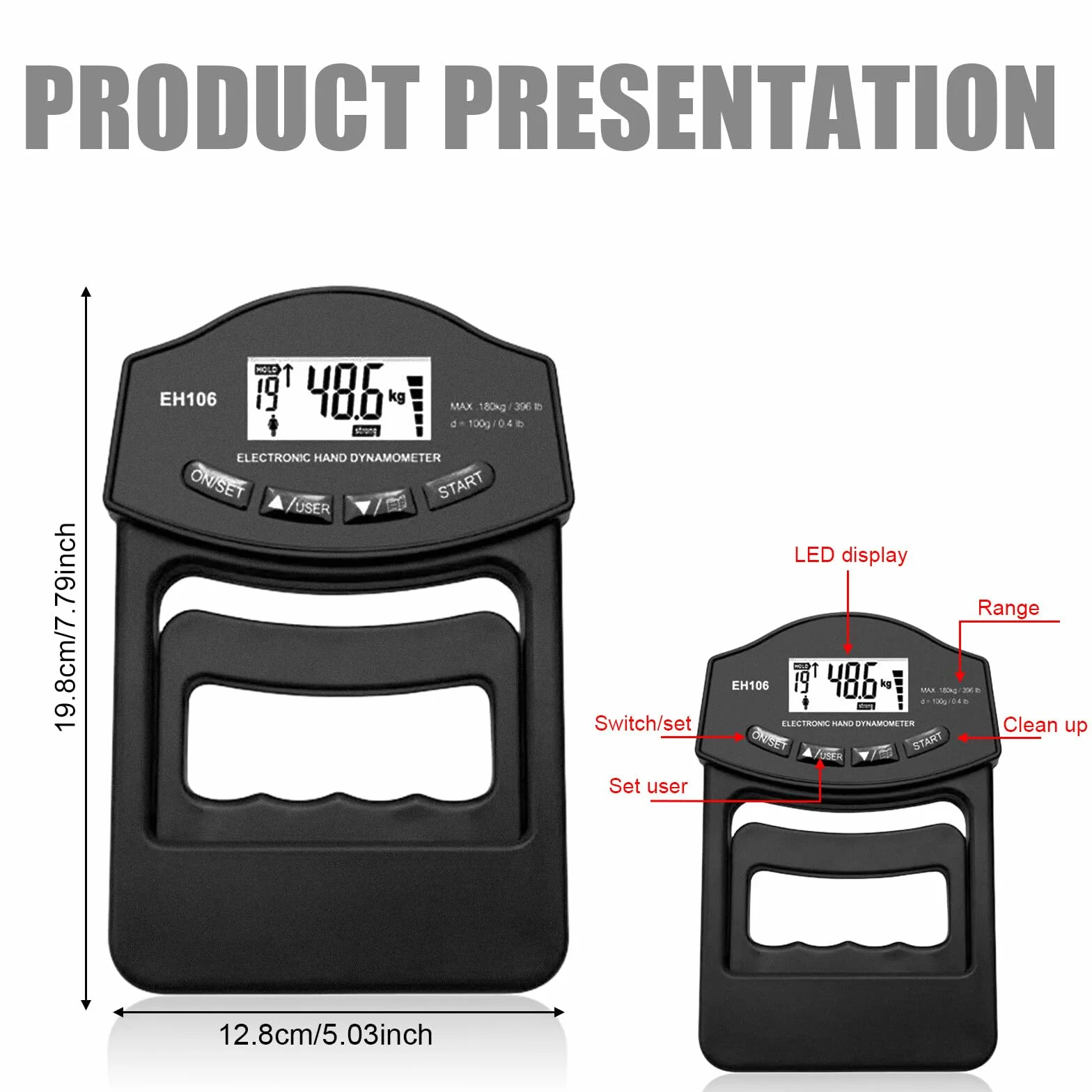Digitaler Handkraftmessgerät, Schwarz 396lb/180Kg Hand Dynamometer mit USB-Ladekabel Grip Strength Trainer Elektronische Griffkraft Messgerät LED Display Grip Strength Trainer Kraftmesser