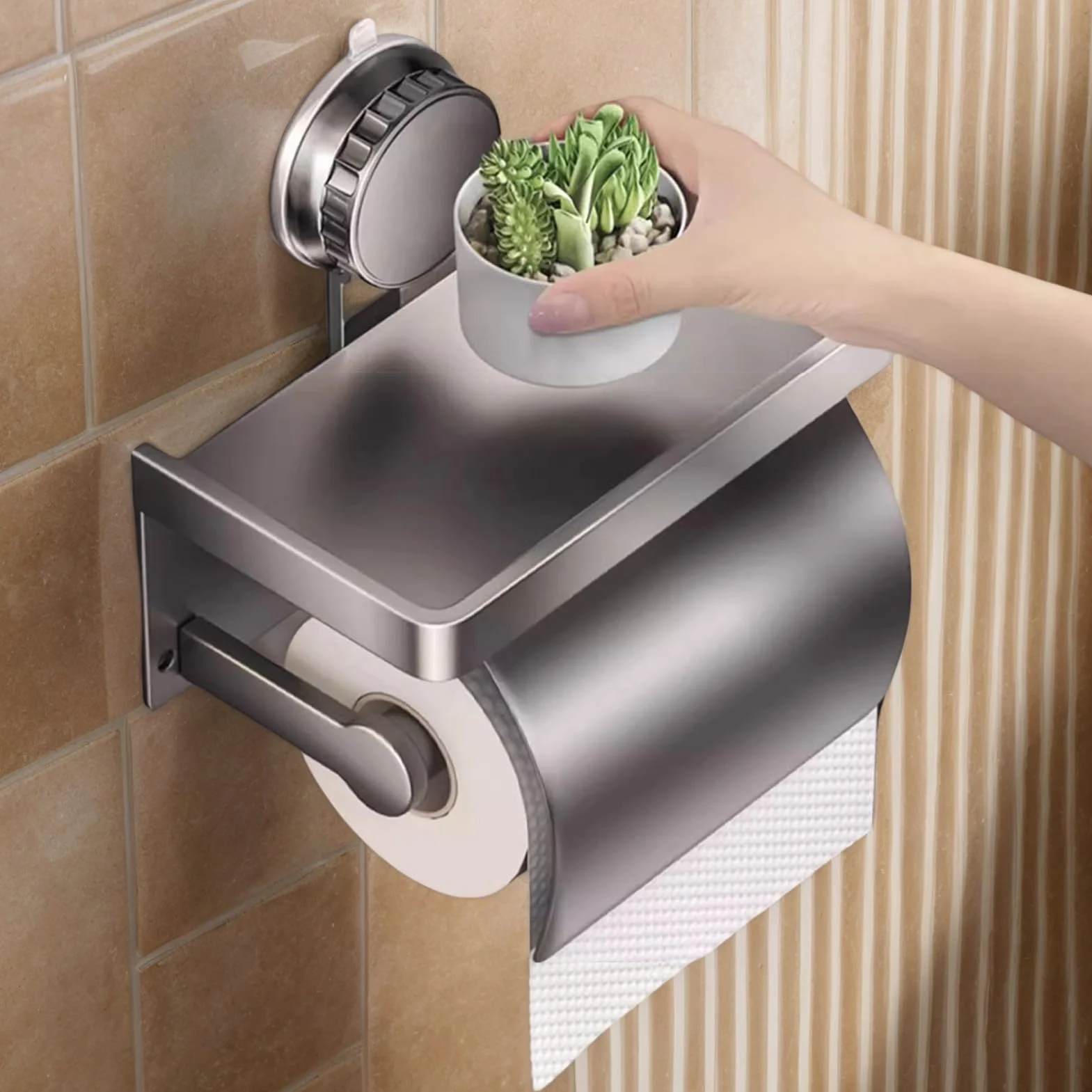 Porte-Rouleau de Papier Toilette avec étagère - en Acier Inoxydable - sans perçage - avec Ventouse - Chrome Poli - Gris