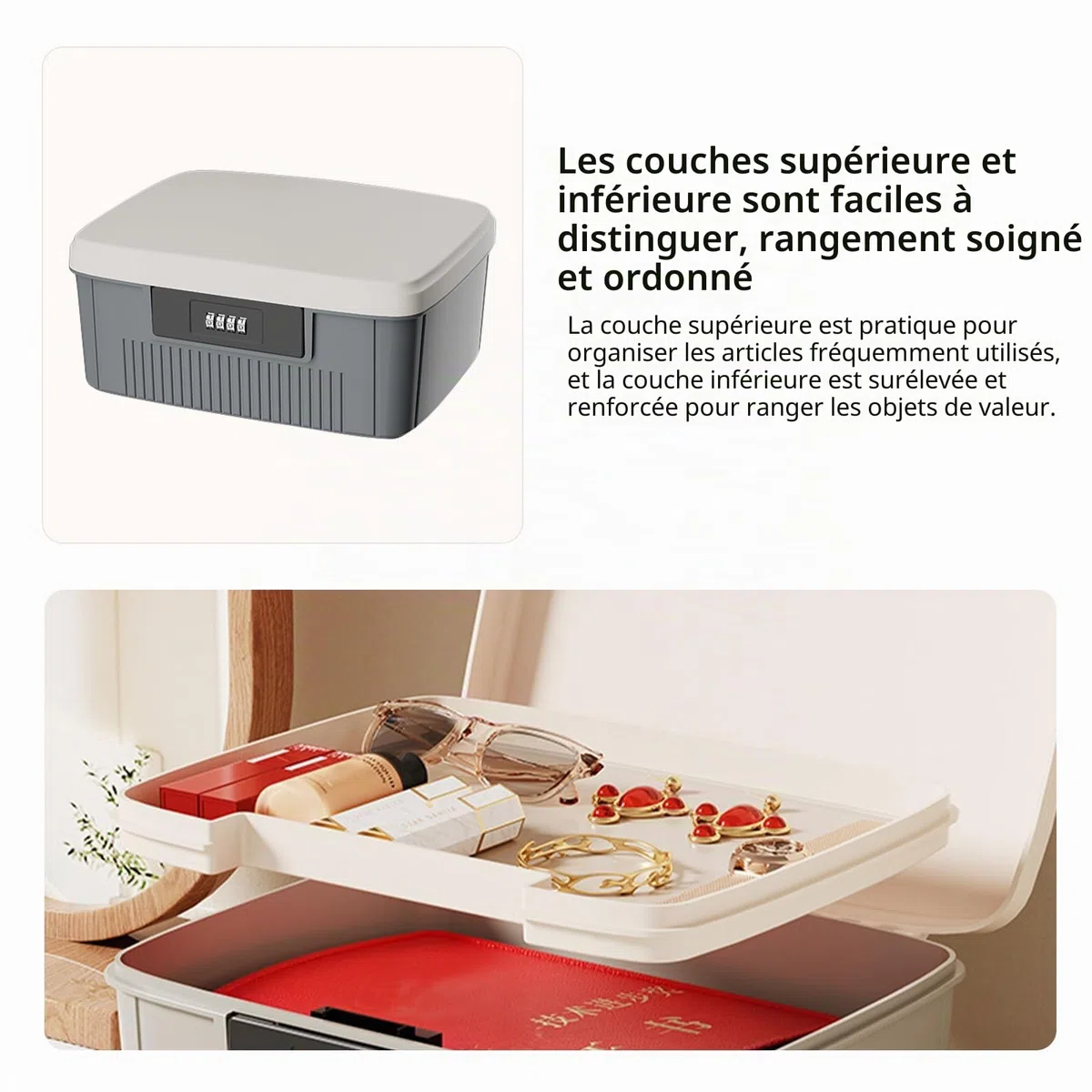 TWSOUL Coffre-fort avec code numérique, boîte de sécurité extérieure, coffre-fort à deux couches, boîte refermable, serrure à combinaison, boîte portative de médecine (gris)