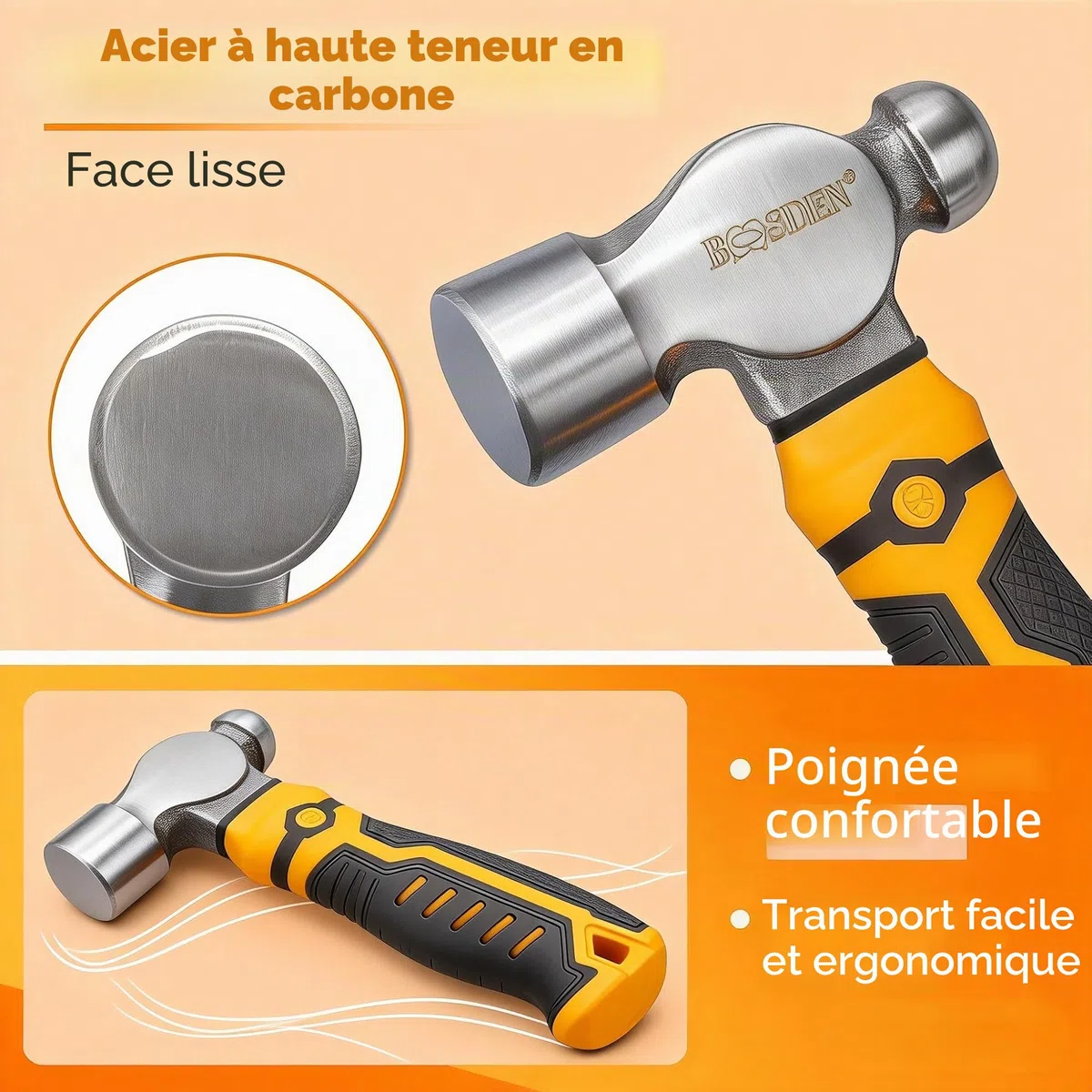BOOSDEN Marteau à panne sphérique 425g, acier forgé | Poignée antidérapante, outil pour métaux et fabrication bijoux