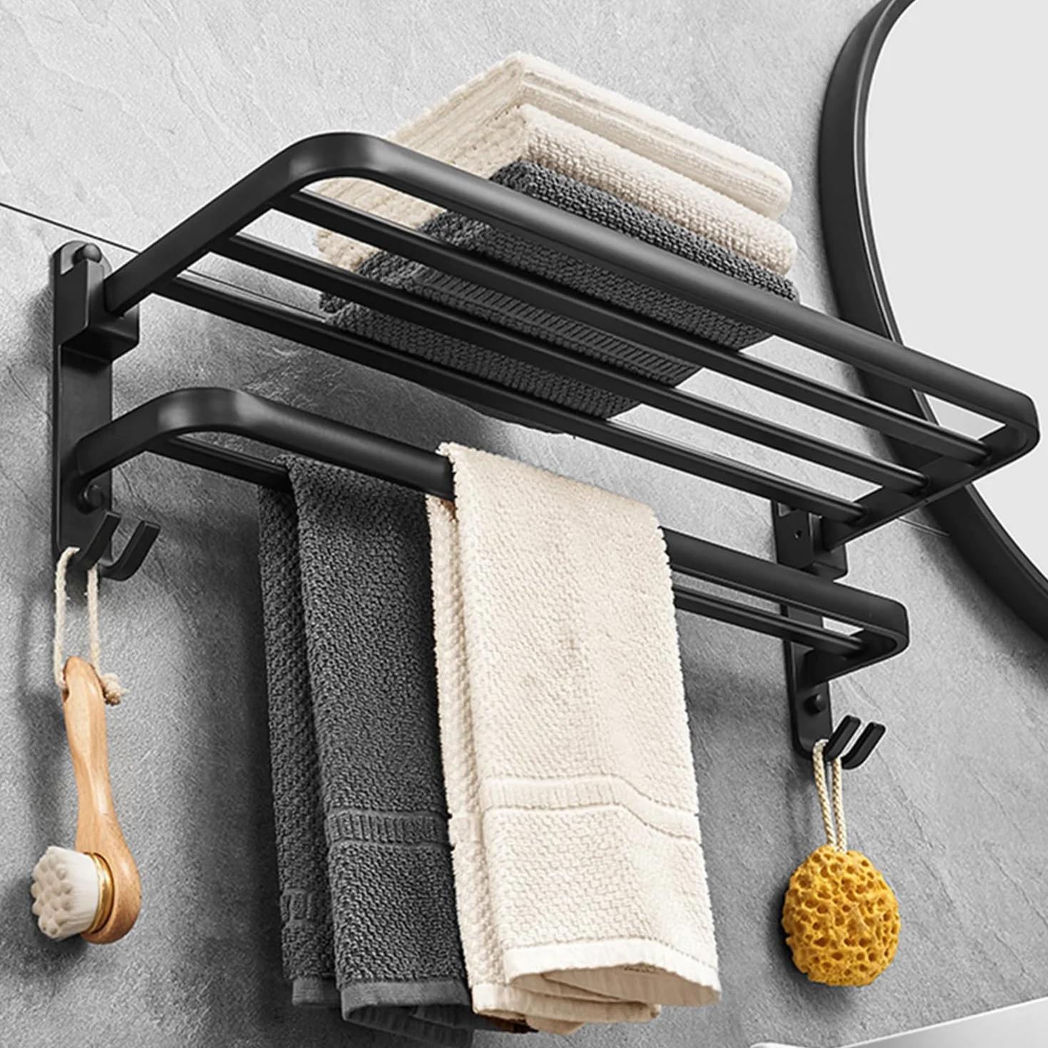 Porte Serviette Salle de Bain, Porte Serviette Murale, Porte Serviette sur Pied Accessoire Salle de Bain, Porte Serviette Salle de Bain sans Percage, Seche Serviette Porte-Serviettes Noir