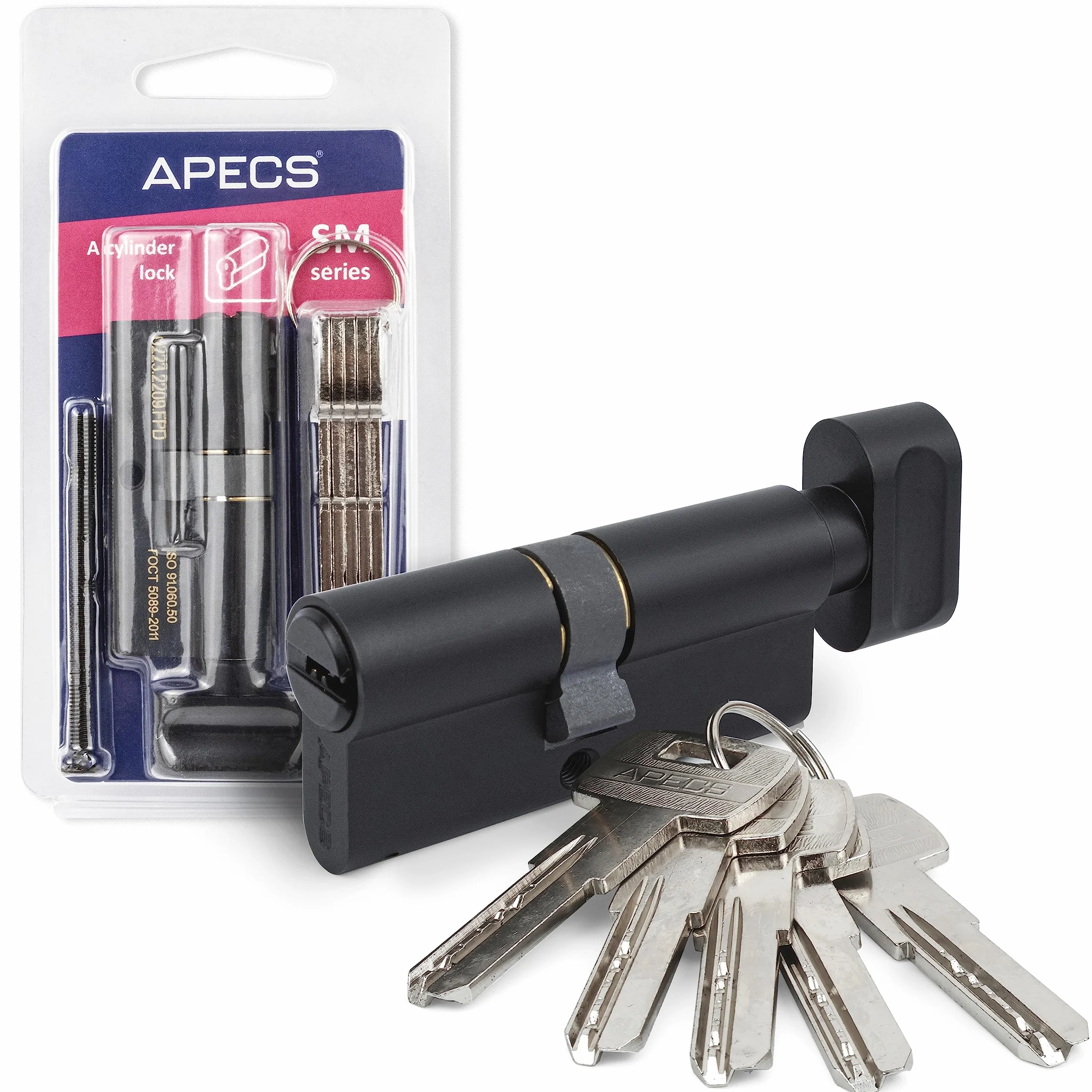 Cylindre de serrure à bouton noir APECS avec bouton - 80 (35/45 C) mm, pour serrure de porte d'entrée, avec 5 clés, modèle SM-80(35/45C)-C-BLM