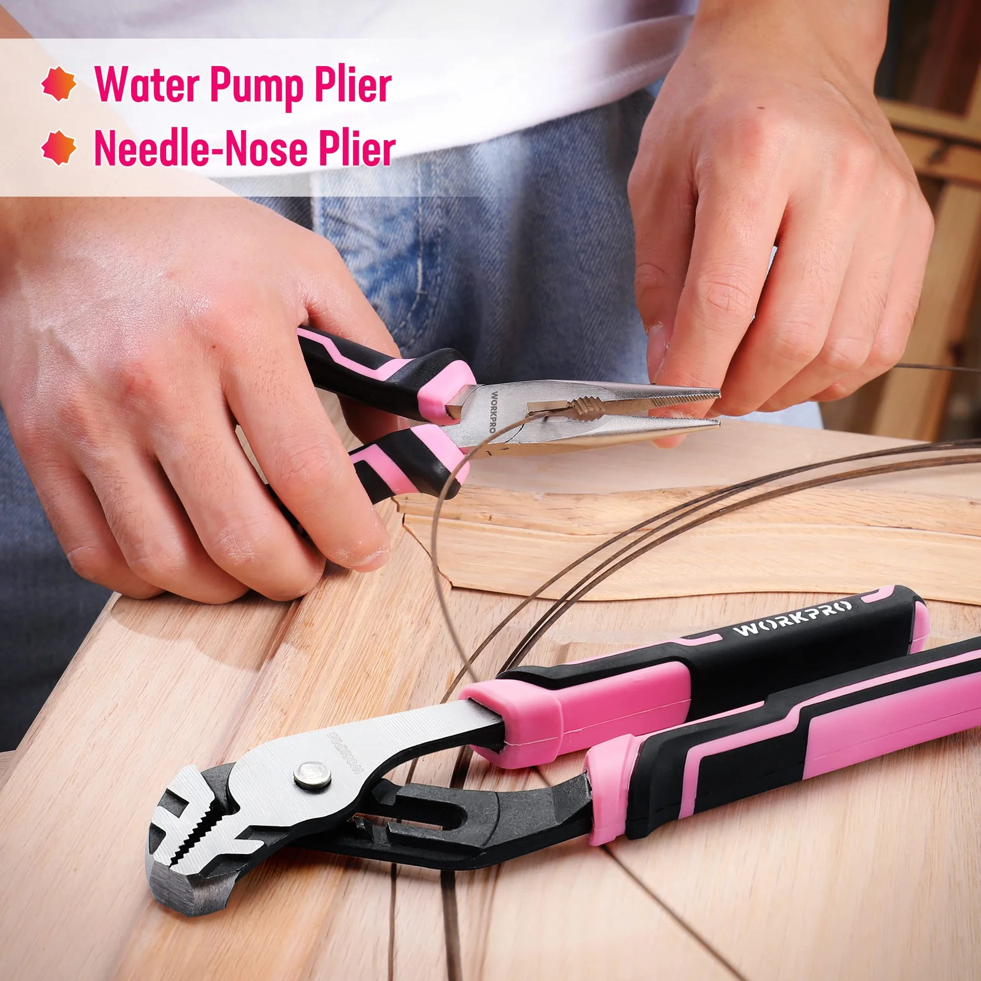 WORKPRO Caisse à Outils Complète 73 Pièces avec Tournevis sans Fil 3,7 V | Boîte en Métal Portable, pour Réparation Domestique et Travaux, Coloris Rose