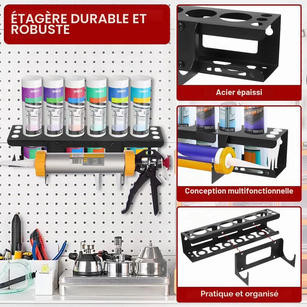 Tefola Support de rangement mural en silicone pour tubes de calfeutrage, pistolets à calfeutrer, support en métal pour rangement d'outils de van, accessoires pour 6 tubes de calfeutrage (1)