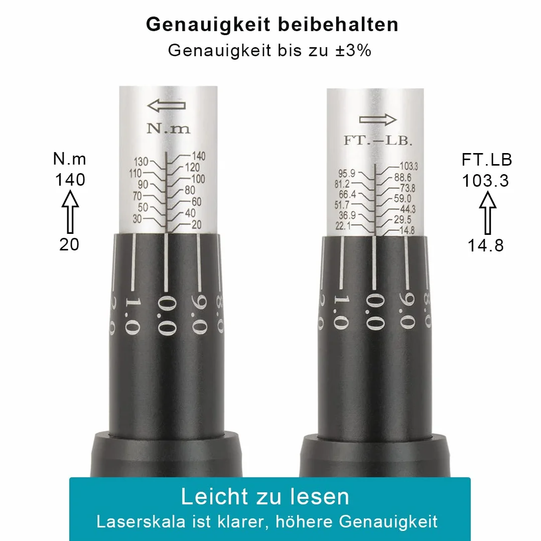 Awang Clé dynamométrique 3/8", 20-140 Nm pour voiture, moto, vélo, précision d'erreur ± 3 %, 72 dents