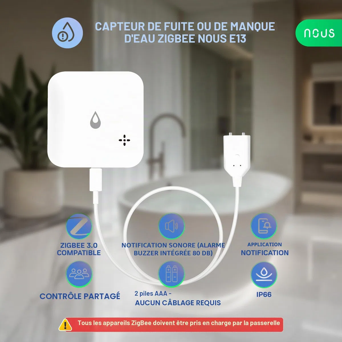 Nous ZigBee Capteur d'eau E13 pour Fuite ou Manque d'eau, Alarme 80 DB, Notification d'application, IP66, Fonctionne avec Piles (2 x AAA), Compatible avec Alexa, Google Home, hub ZigBee nécessaire