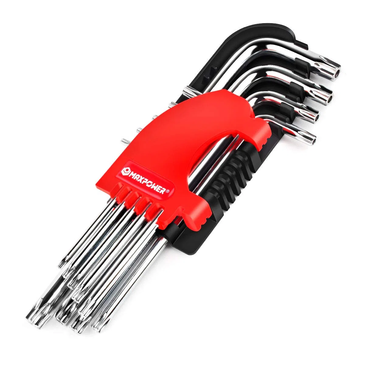 MaxPower Jeu de 9 clés Allen longues avec trou central – Torx percées | Acier Cr-V anticorrosion | Clé Allen étoile inviolable avec boîte de rangement