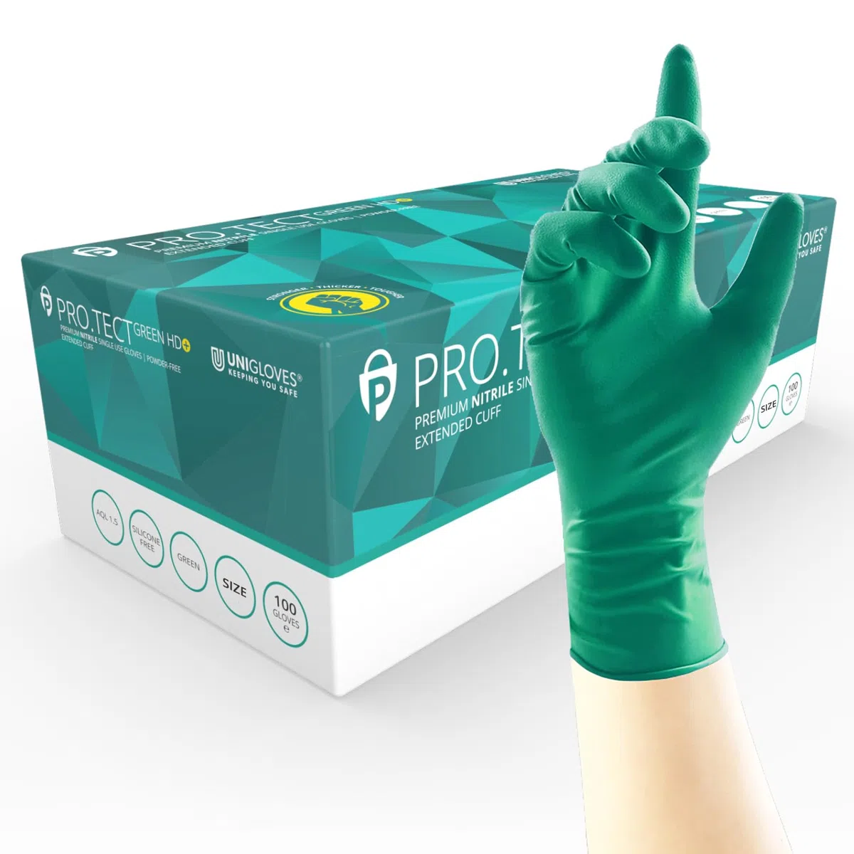UNIGLOVES PRO.TECT Green HD+ Gants jetables en nitrile avec manchette allongée - Ultra résistants, usage unique, multi-usages, sans poudre, boîte de 100 gants, vert, taille S (GA0092).