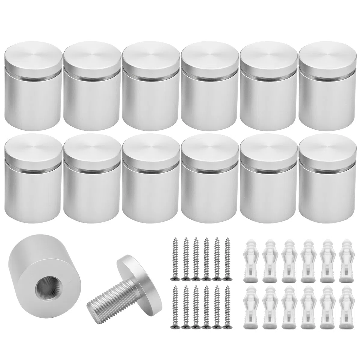 Lot de 12 supports muraux solides en aluminium pour panneau publicitaire - 25 x 25 mm - Vis de fixation pour panneaux acryliques (chrome satiné anodisé)