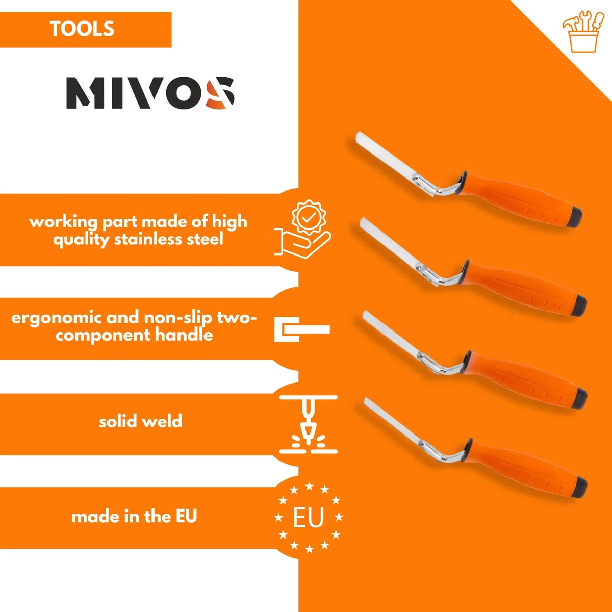 Mivos Lot de 4 truelles à Joints en Acier Inoxydable - Largeur 8 10 12 14 mm - avec poignée Souple et Lame Flexible en Acier Inoxydable - Truelle à Joints pour jointoiement Briques et Briques de