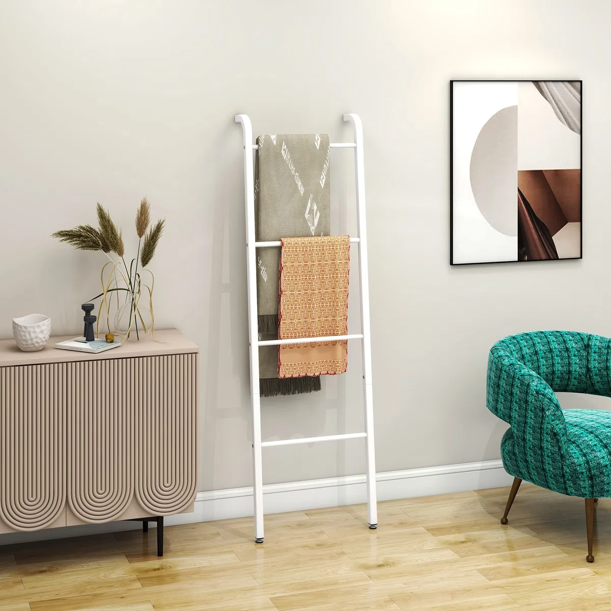 Porte-serviettes blanc à 4 niveaux, Porte-serviettes mural décoratif en forme d'échelle pour serviettes de plafond, salle de bain, chambre à coucher, salon