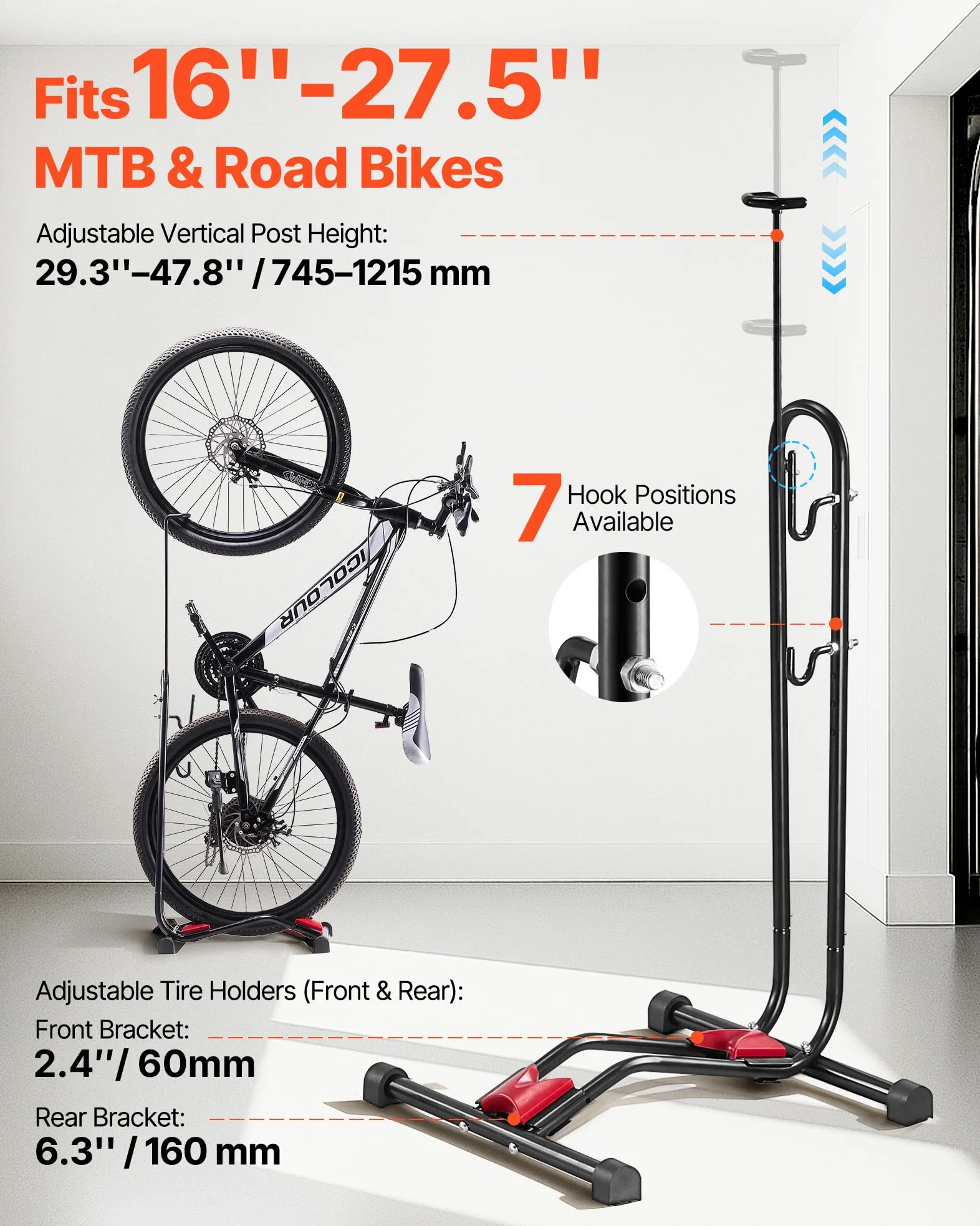 VEVOR Support à Vélo Compatible avec VTT et Vélos 406,4-700 mm, Porte-vélos Autoportant, Support de Rangement de Bicyclette Vertical et Horizontal, Range Vélo Sol pour Espace Réduit, Entrée, Garage