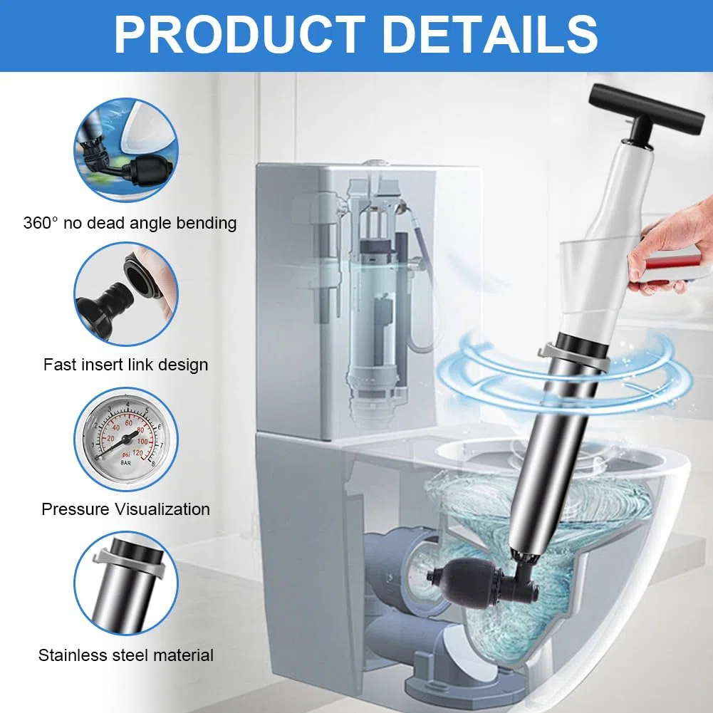 Kit de débouchage haute pression avec indicateur de pression d'air, pompe à air comprimé avec 4 embouts, déboucheur universel pour toilettes, lavabo et douche