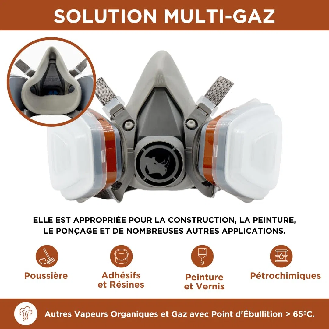 RHINO Housse de visage pour peinture, poussière, particules, produits chimiques, polissage machine vapeurs organiques, pollen et produits chimiques avec filtres cotons