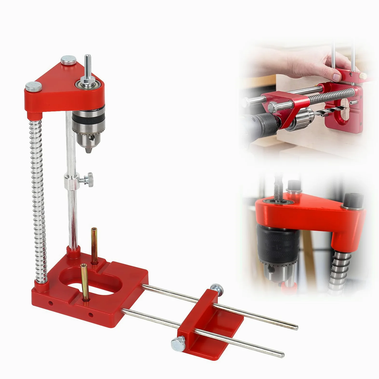 Support de perçage pour perceuse, gabarit de perçage réglable portable, outil de précision pour travail du bois, ensemble d’outils de guidage manuels verticaux (Rouge)