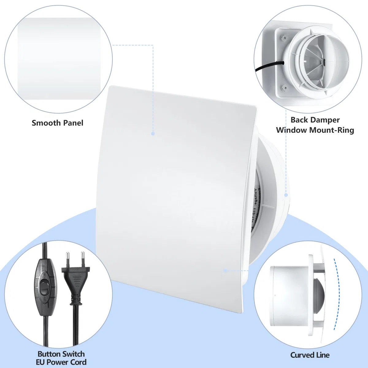 100mm VMC Extracteur d'Air avec Interrupteur, 1m UE Prise pour Salle de Bain, Cuisine, Bureau, WC, IP45 Étanche, 12W 220-240V