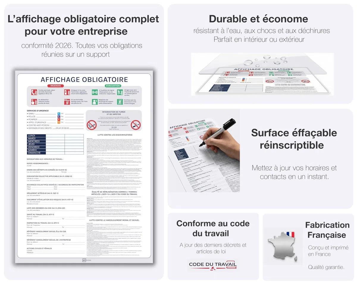 Affichage Obligatoire Entreprise 2026 - Pack Conformité: Panneau A3 Code du Travail + Affiche A4 Consignes Sécurité & Évacuation + Sticker A5 Interdit de Fumer - Kit Adhésif Complet, Fait en France