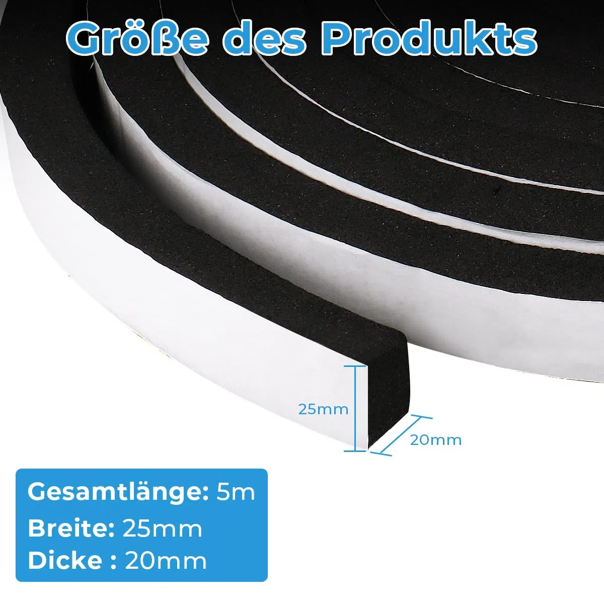 Bande d'étanchéité autocollante en mousse 25 mm (l) x 20 mm (H), caoutchouc mousse autocollant pour porte fenêtre, résistant aux intempéries, anti-collision, isolation acoustique, longueur totale 5m