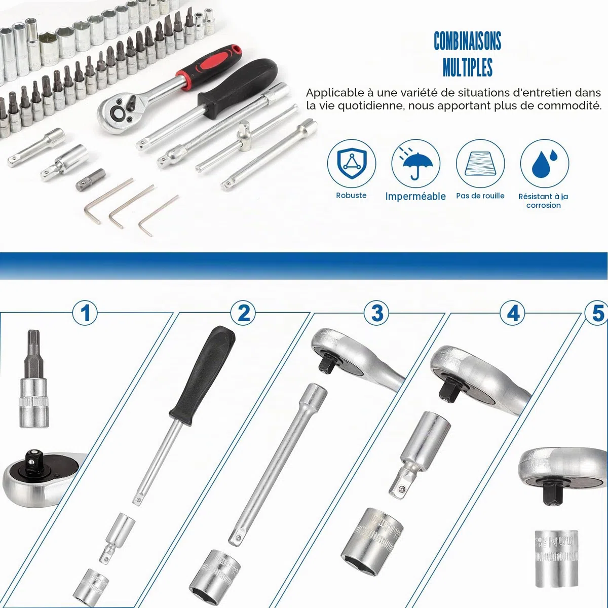 Lot de 53 douilles à cliquet 1/4" en acier CR-V, barre d'extension métrique et embouts pour bricolage, réparation automobile et ménage