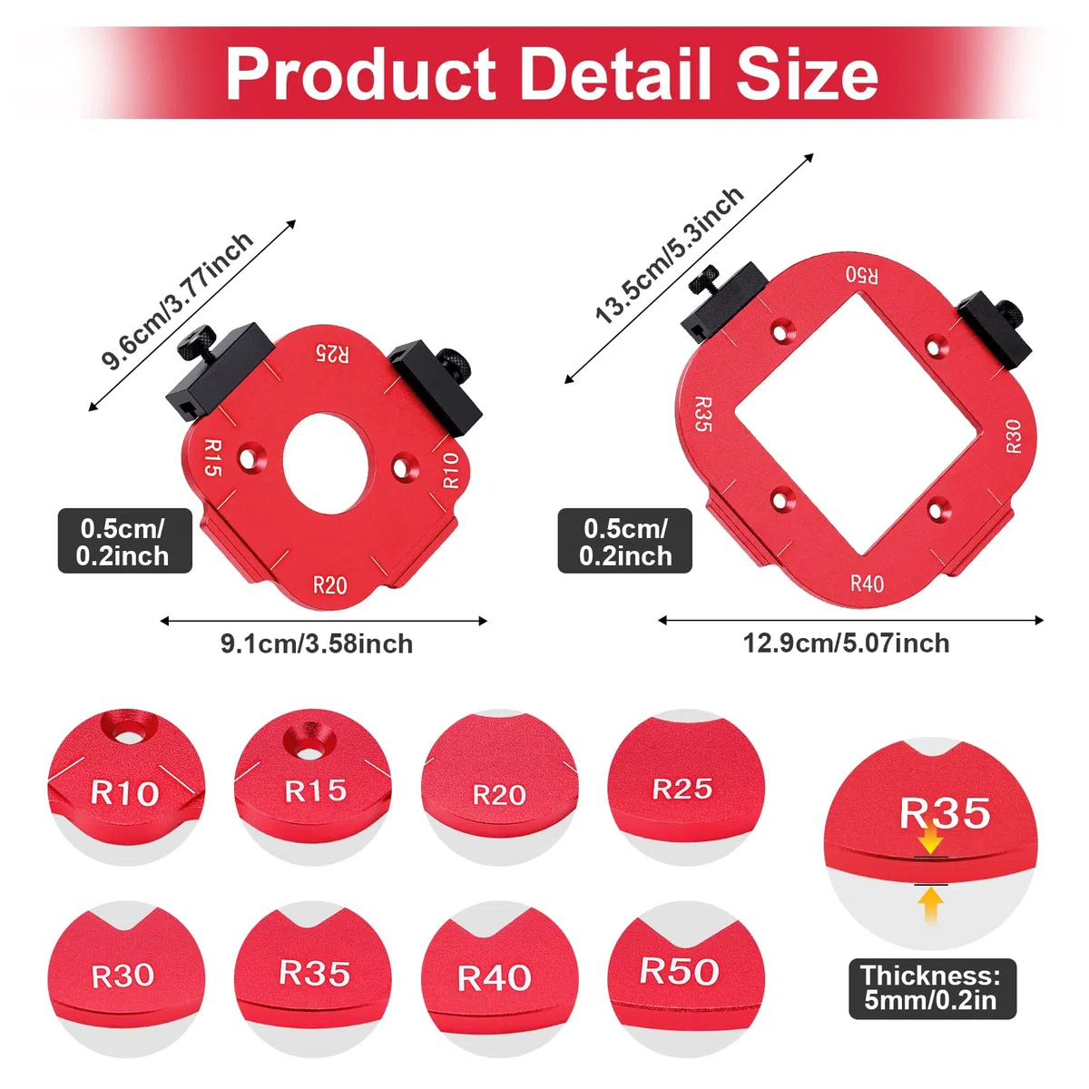 2 Pièces Gabarit Defonceuse a Bois, R10 R15 R20 R25 R30 R35 R40 R50 Gabarit de Toupie avec 4 Fraise Defonceuse, Gabarit de Défonceuse Cercle 4 en1 pour Bricolage du Bois