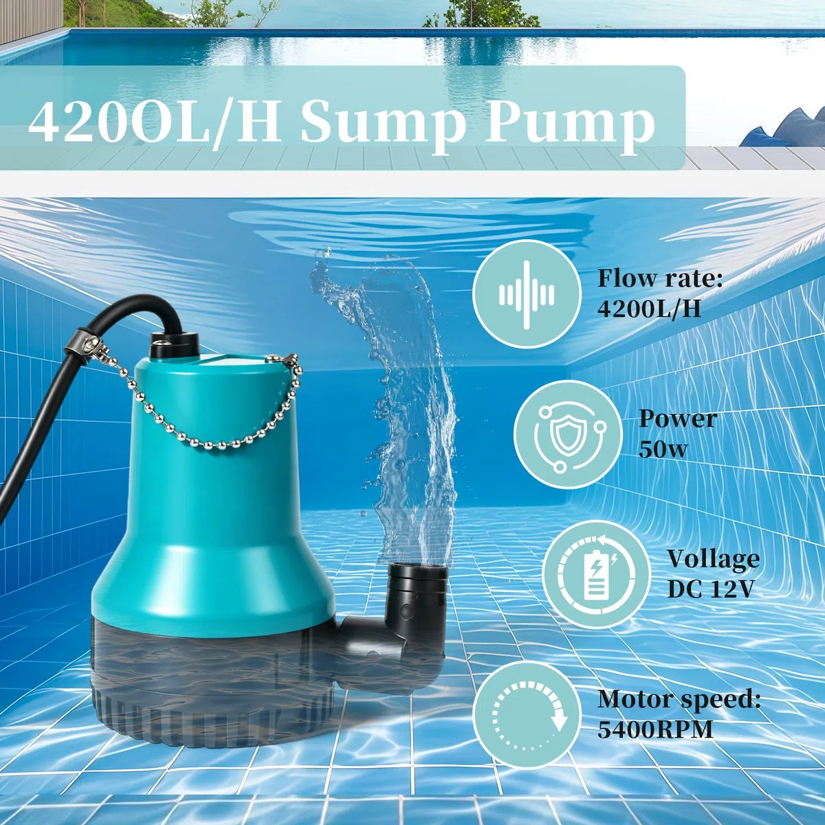 Pompe immergible 12V Pompe à eaux usées DC 50W 4200L/H – Pompe submersible compacte pour piscine, étang à poissons, bassin | Câble 2,3 m + Collier de serrage